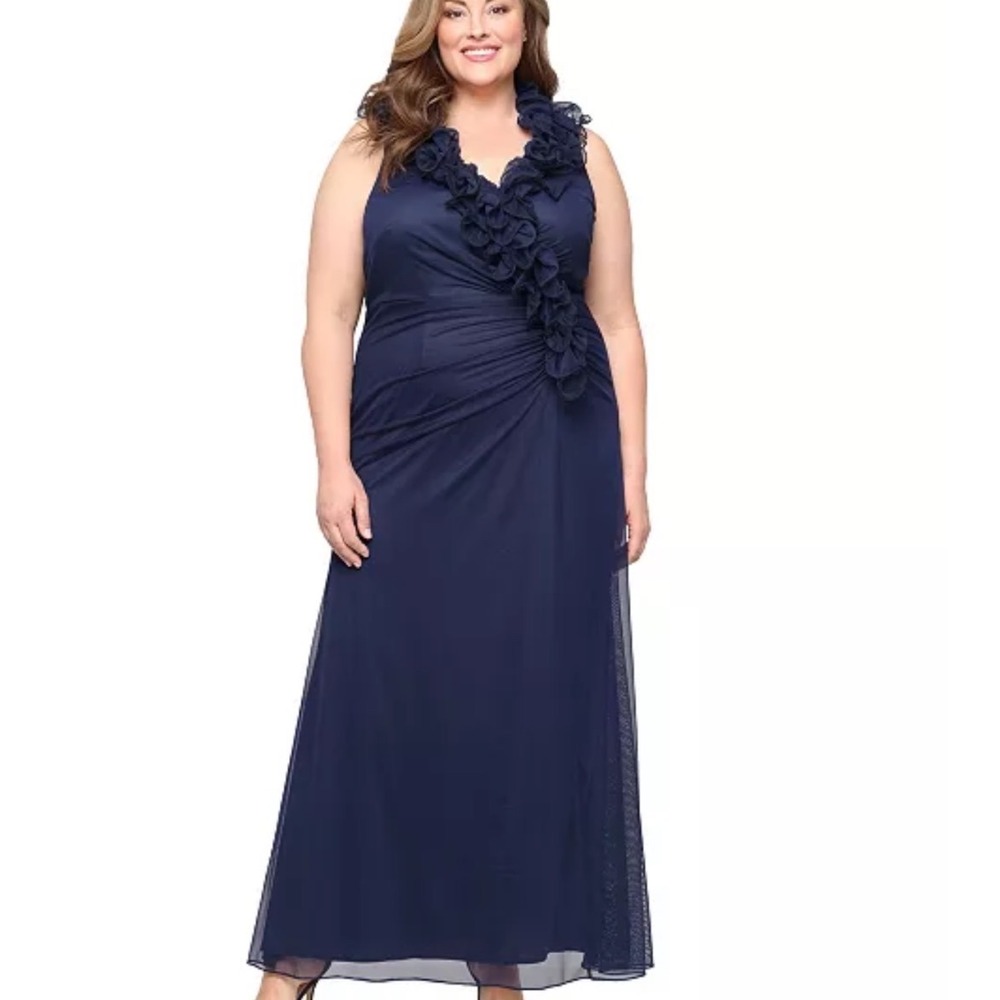 Alex Evenings Ruffle Neck Gown Women 18W NWT Navy Blue Formal Dress MSRP $209